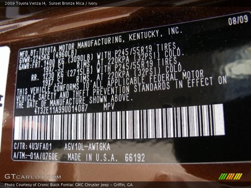 Sunset Bronze Mica / Ivory 2009 Toyota Venza I4