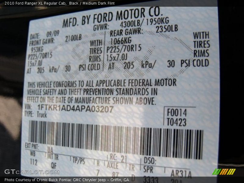 Black / Medium Dark Flint 2010 Ford Ranger XL Regular Cab