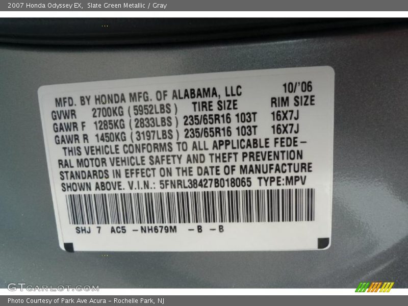 Slate Green Metallic / Gray 2007 Honda Odyssey EX