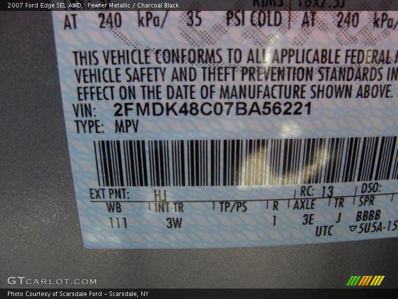 Pewter Metallic / Charcoal Black 2007 Ford Edge SEL AWD