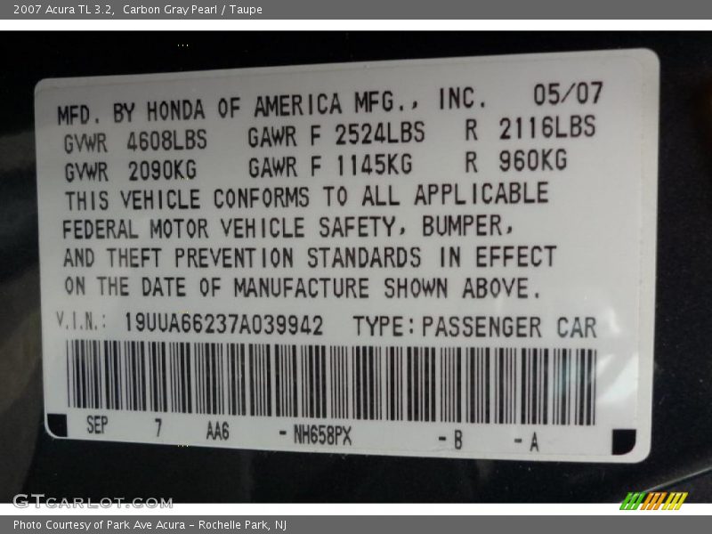 Carbon Gray Pearl / Taupe 2007 Acura TL 3.2