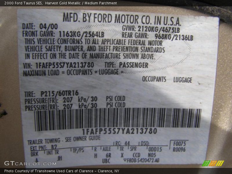 Harvest Gold Metallic / Medium Parchment 2000 Ford Taurus SES