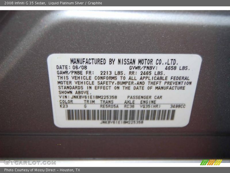 Liquid Platinum Silver / Graphite 2008 Infiniti G 35 Sedan
