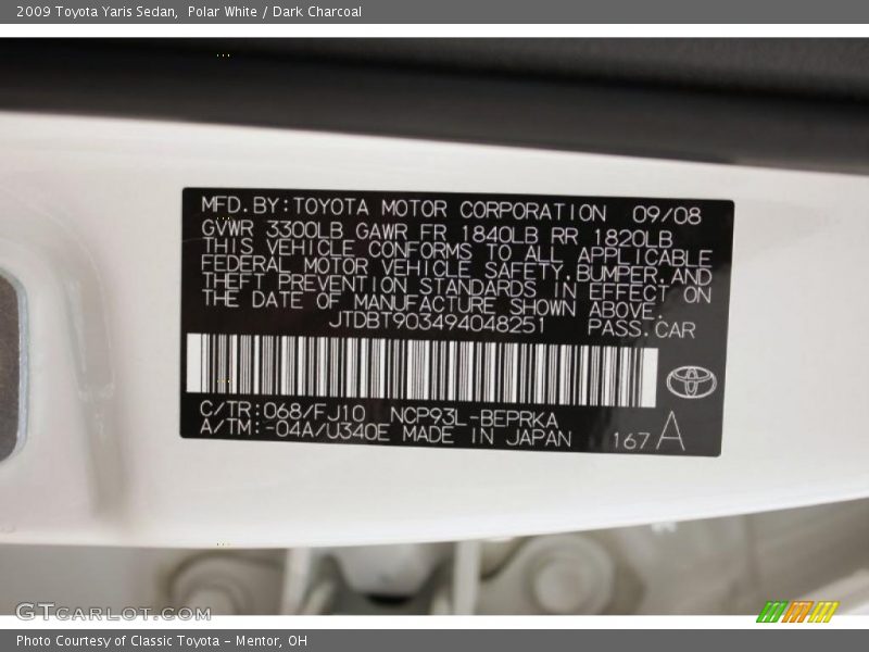 Polar White / Dark Charcoal 2009 Toyota Yaris Sedan