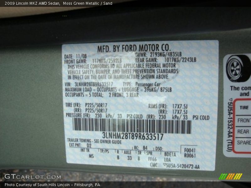 Moss Green Metallic / Sand 2009 Lincoln MKZ AWD Sedan