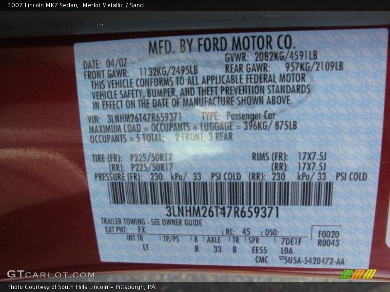 Merlot Metallic / Sand 2007 Lincoln MKZ Sedan