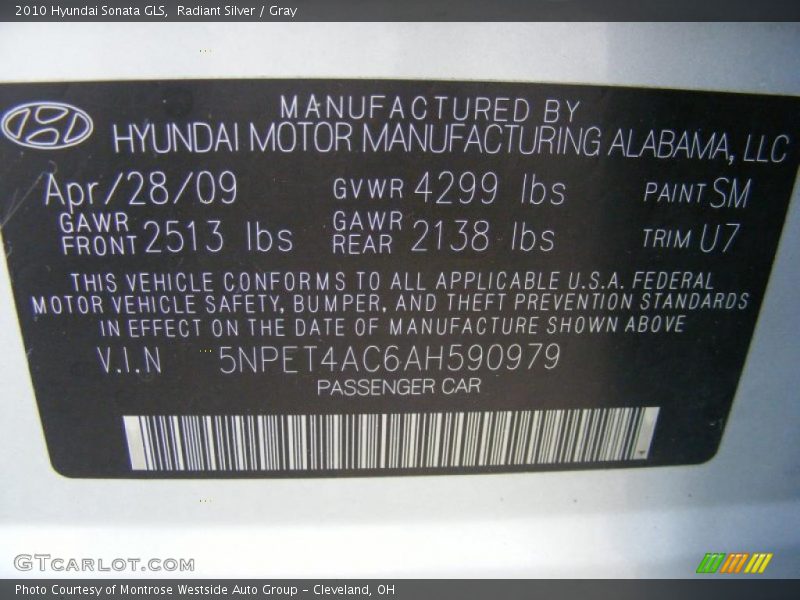 Radiant Silver / Gray 2010 Hyundai Sonata GLS