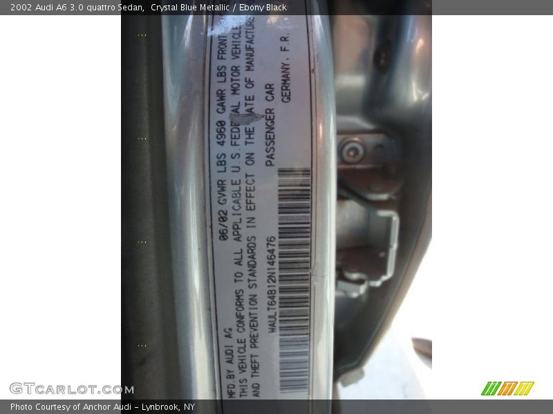 Crystal Blue Metallic / Ebony Black 2002 Audi A6 3.0 quattro Sedan
