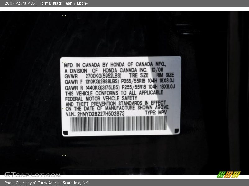 Formal Black Pearl / Ebony 2007 Acura MDX