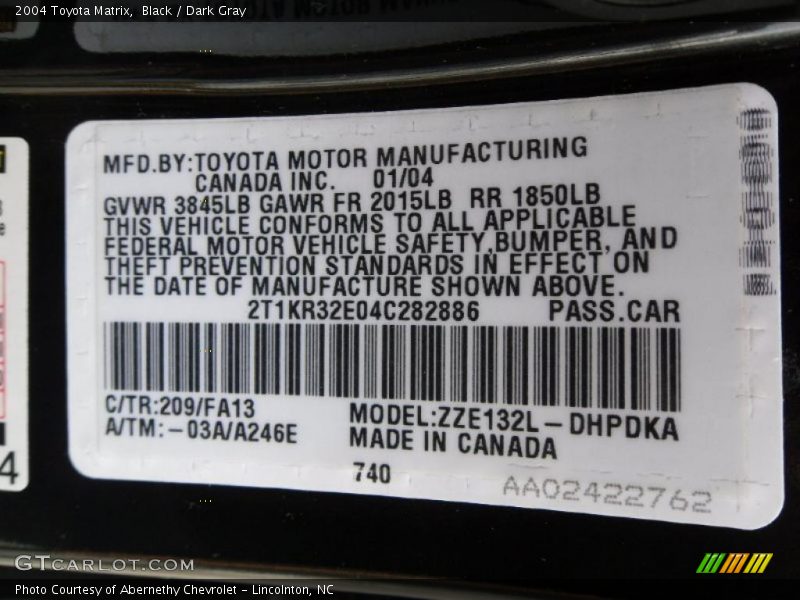 Black / Dark Gray 2004 Toyota Matrix