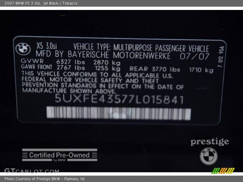 Jet Black / Tobacco 2007 BMW X5 3.0si