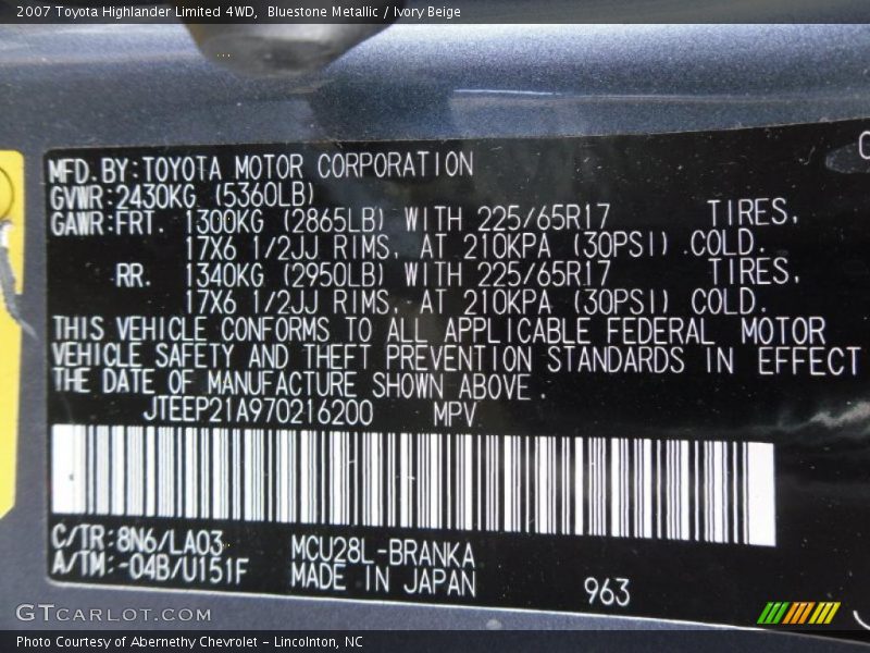 Bluestone Metallic / Ivory Beige 2007 Toyota Highlander Limited 4WD