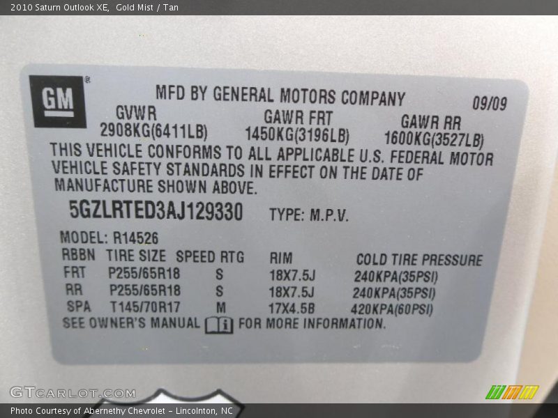 Gold Mist / Tan 2010 Saturn Outlook XE