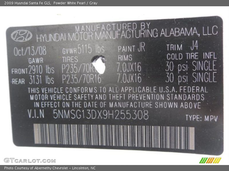 Powder White Pearl / Gray 2009 Hyundai Santa Fe GLS