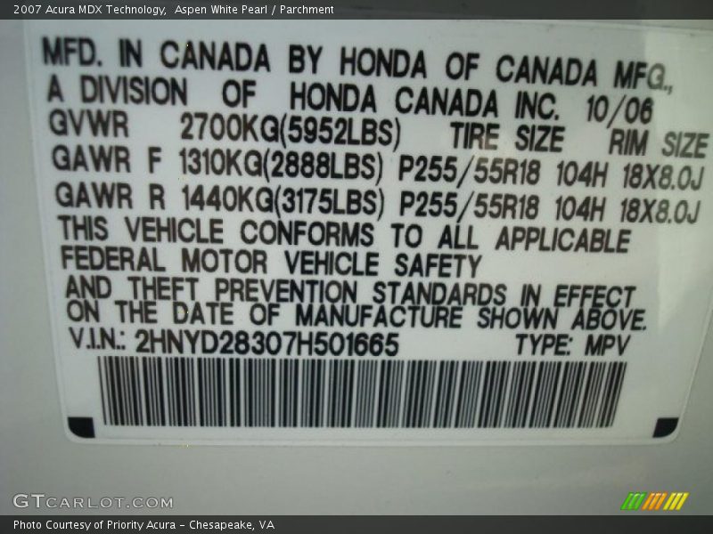 Aspen White Pearl / Parchment 2007 Acura MDX Technology