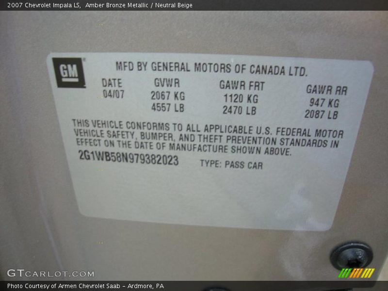 Amber Bronze Metallic / Neutral Beige 2007 Chevrolet Impala LS