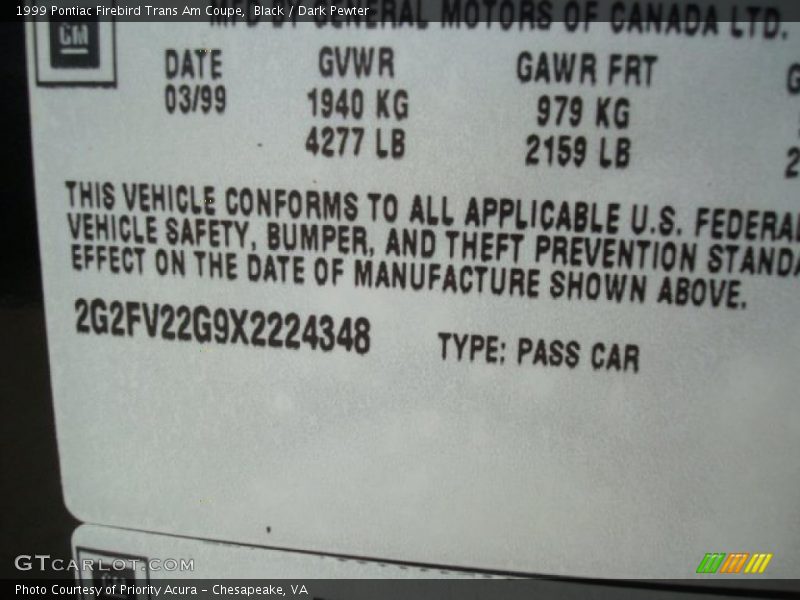 Black / Dark Pewter 1999 Pontiac Firebird Trans Am Coupe
