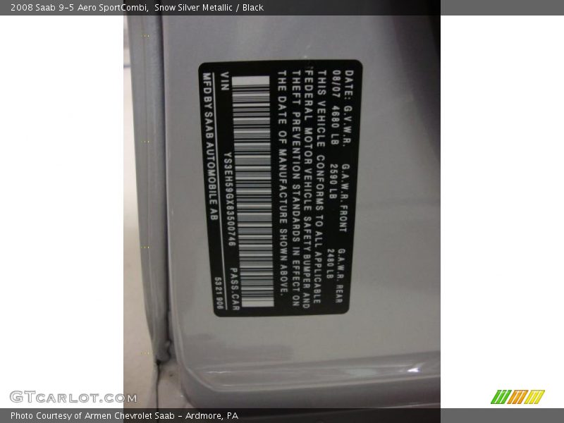 Snow Silver Metallic / Black 2008 Saab 9-5 Aero SportCombi