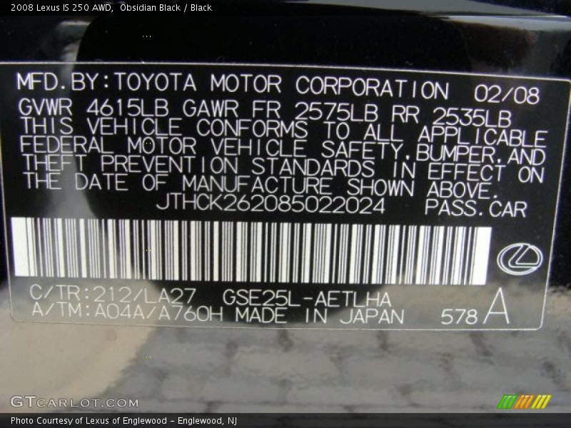 Obsidian Black / Black 2008 Lexus IS 250 AWD