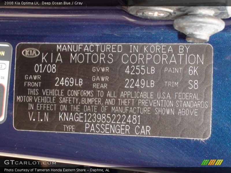 Deep Ocean Blue / Gray 2008 Kia Optima LX