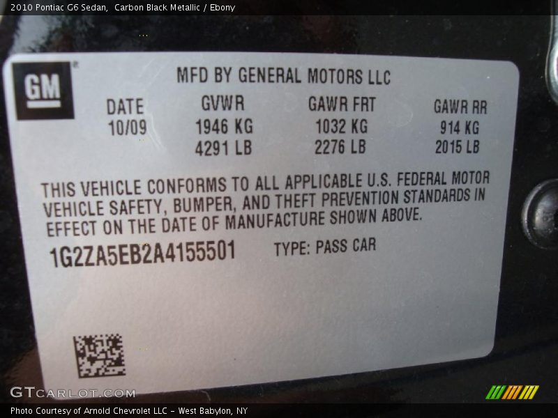 Carbon Black Metallic / Ebony 2010 Pontiac G6 Sedan
