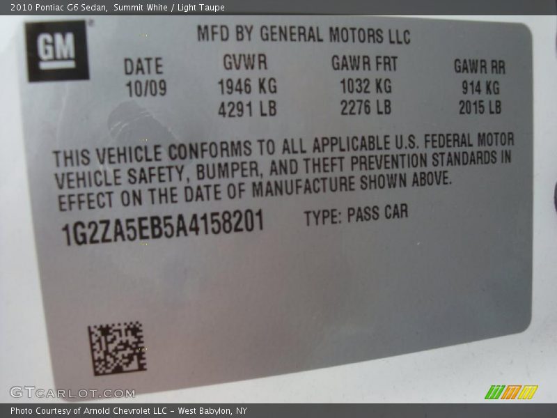 Summit White / Light Taupe 2010 Pontiac G6 Sedan