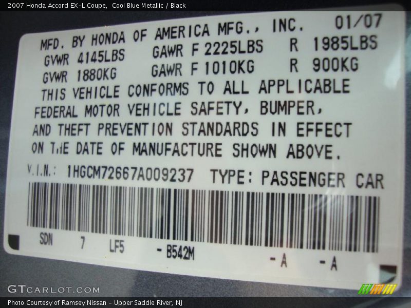 Cool Blue Metallic / Black 2007 Honda Accord EX-L Coupe
