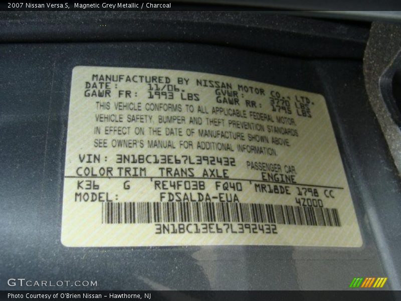 Magnetic Grey Metallic / Charcoal 2007 Nissan Versa S