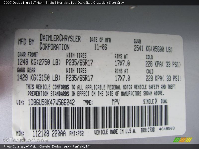 Bright Silver Metallic / Dark Slate Gray/Light Slate Gray 2007 Dodge Nitro SLT 4x4