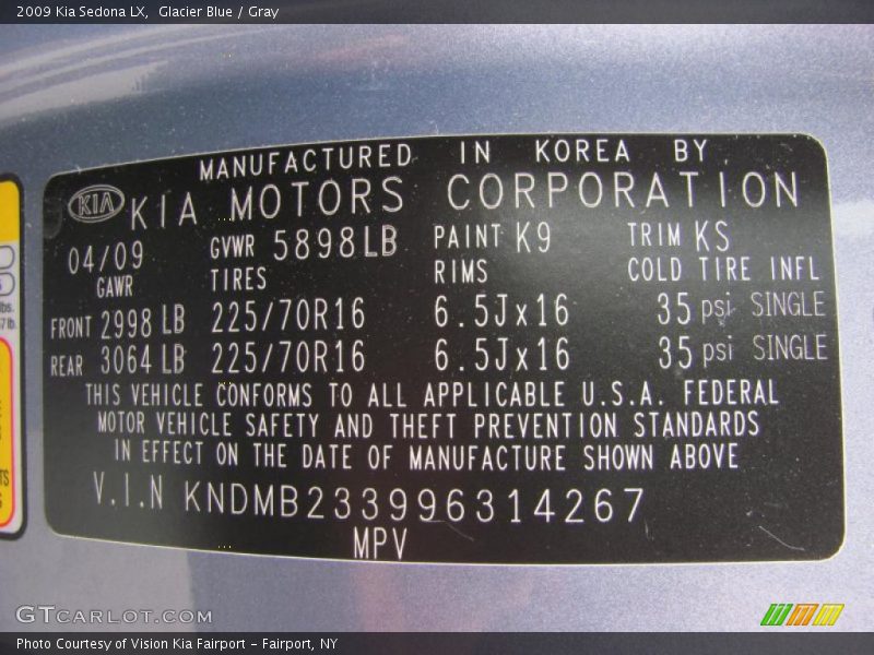 Glacier Blue / Gray 2009 Kia Sedona LX