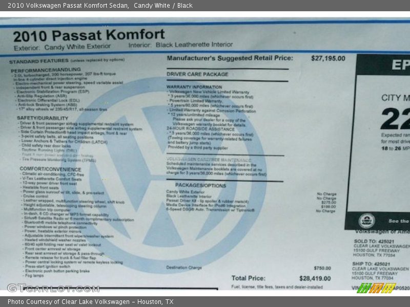 Candy White / Black 2010 Volkswagen Passat Komfort Sedan