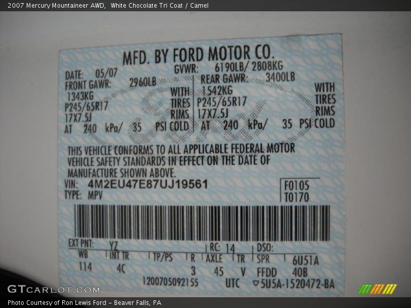 White Chocolate Tri Coat / Camel 2007 Mercury Mountaineer AWD