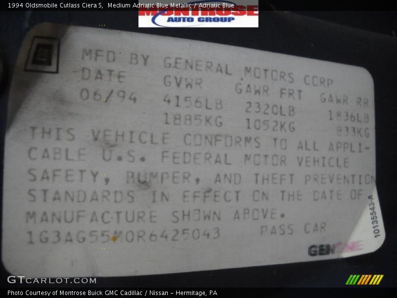 Medium Adriatic Blue Metallic / Adriatic Blue 1994 Oldsmobile Cutlass Ciera S