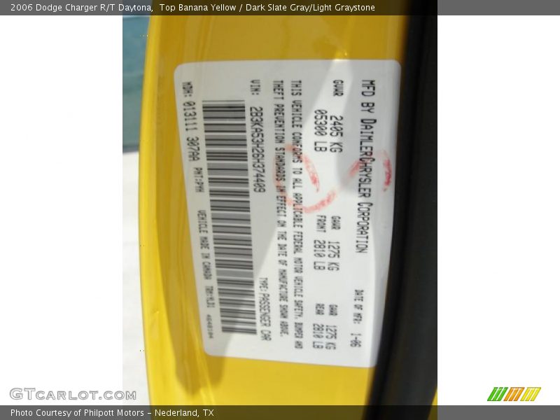 Top Banana Yellow / Dark Slate Gray/Light Graystone 2006 Dodge Charger R/T Daytona