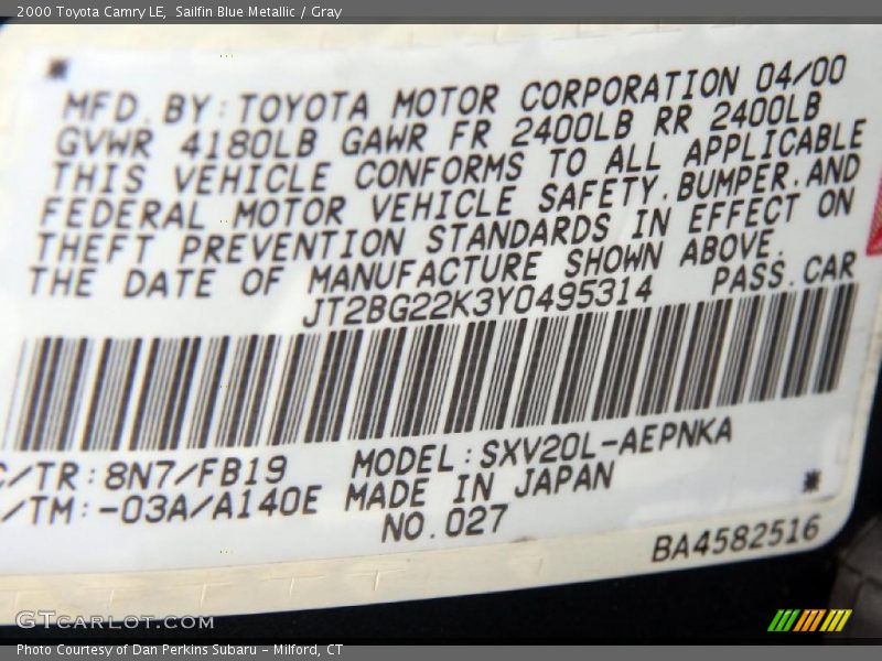 Sailfin Blue Metallic / Gray 2000 Toyota Camry LE