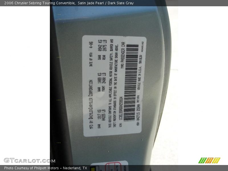 Satin Jade Pearl / Dark Slate Gray 2006 Chrysler Sebring Touring Convertible