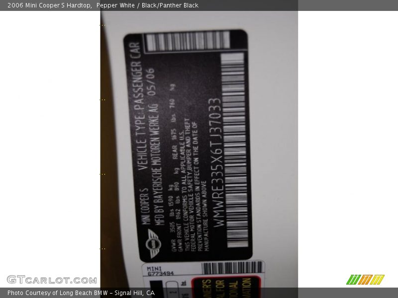 Pepper White / Black/Panther Black 2006 Mini Cooper S Hardtop