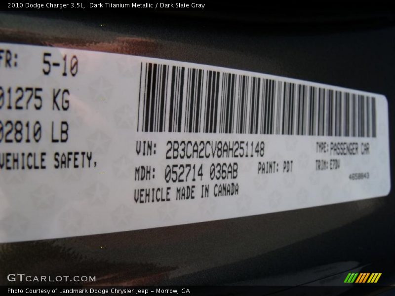 Dark Titanium Metallic / Dark Slate Gray 2010 Dodge Charger 3.5L