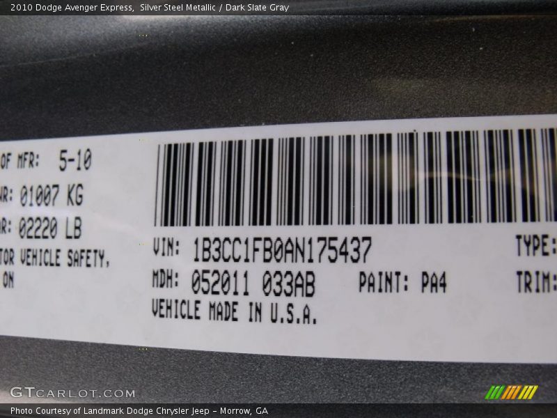 Silver Steel Metallic / Dark Slate Gray 2010 Dodge Avenger Express