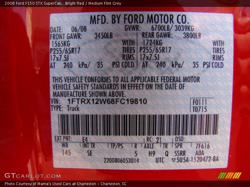 Bright Red / Medium Flint Grey 2008 Ford F150 STX SuperCab