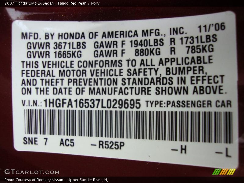 Tango Red Pearl / Ivory 2007 Honda Civic LX Sedan