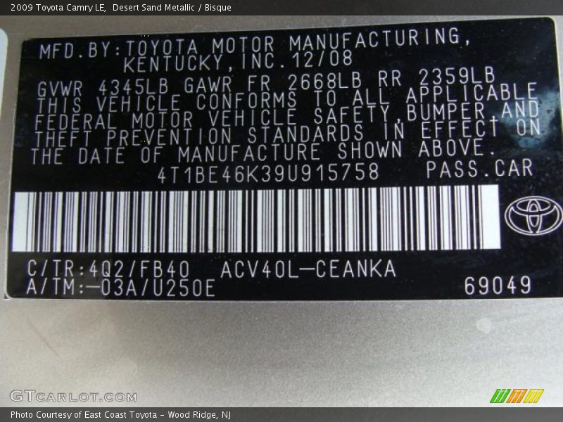 Desert Sand Metallic / Bisque 2009 Toyota Camry LE