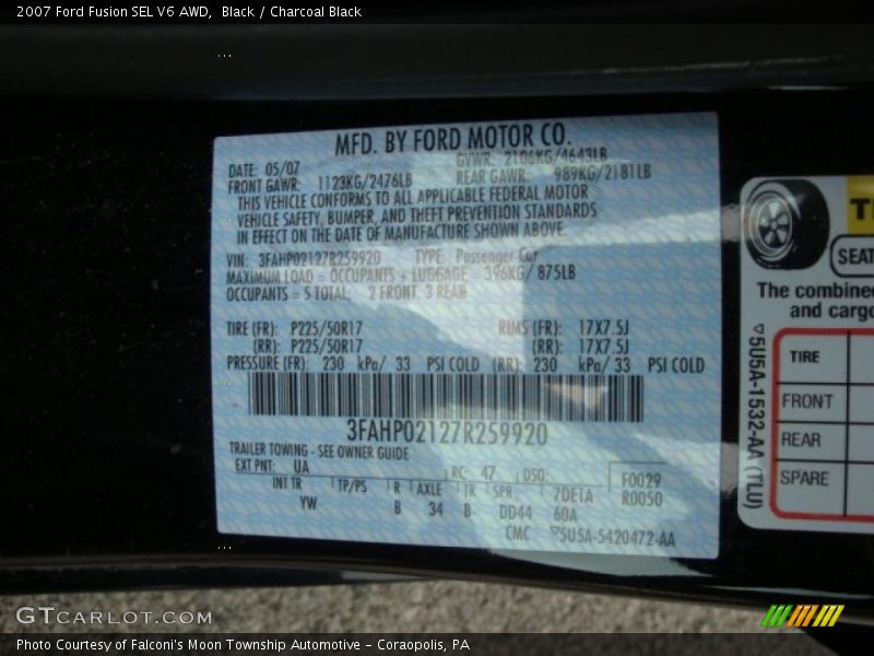 Black / Charcoal Black 2007 Ford Fusion SEL V6 AWD