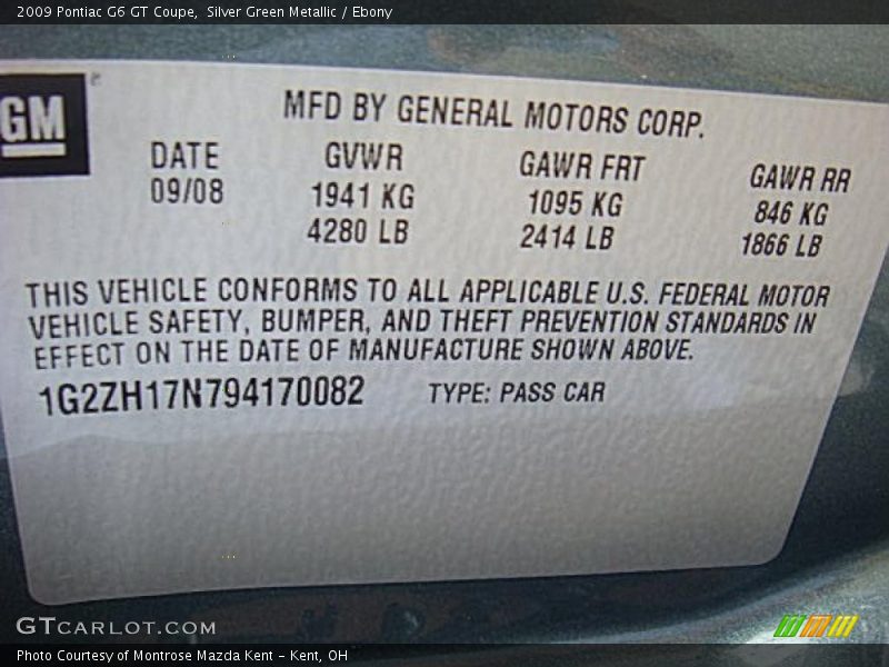 Silver Green Metallic / Ebony 2009 Pontiac G6 GT Coupe