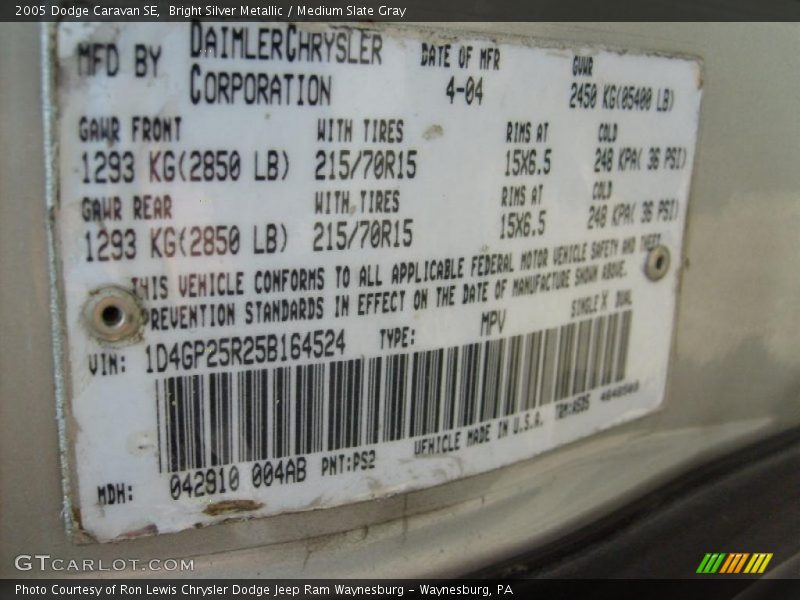 Bright Silver Metallic / Medium Slate Gray 2005 Dodge Caravan SE