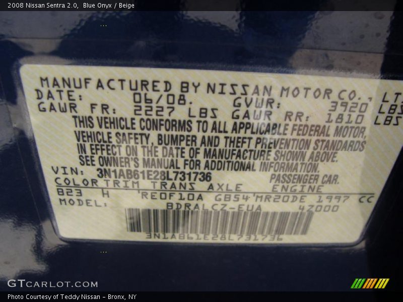 Blue Onyx / Beige 2008 Nissan Sentra 2.0