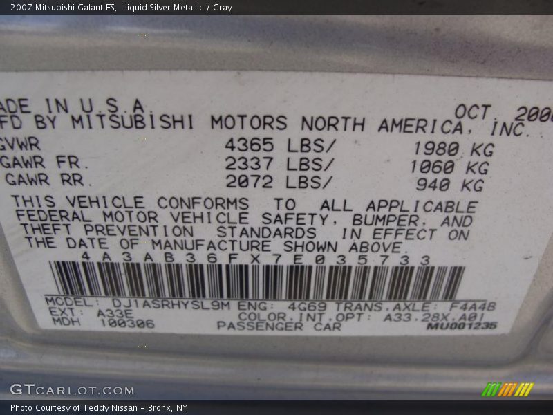 Liquid Silver Metallic / Gray 2007 Mitsubishi Galant ES