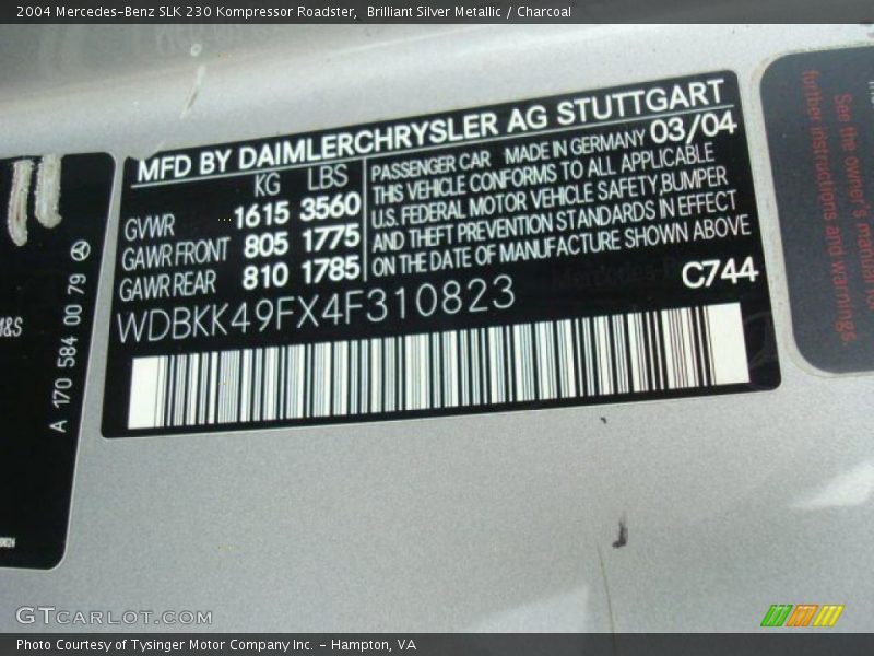 Brilliant Silver Metallic / Charcoal 2004 Mercedes-Benz SLK 230 Kompressor Roadster