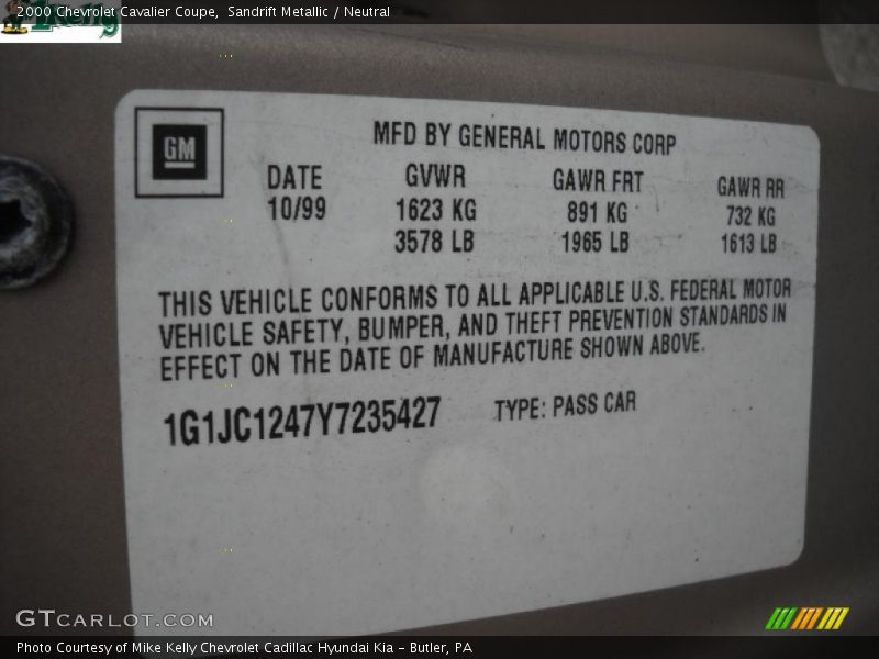 Sandrift Metallic / Neutral 2000 Chevrolet Cavalier Coupe