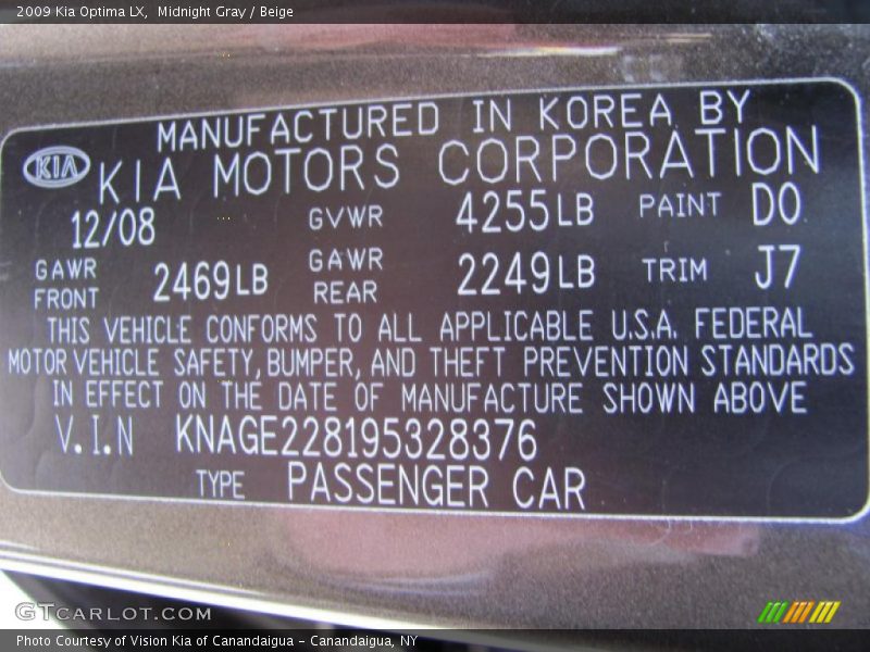 Midnight Gray / Beige 2009 Kia Optima LX